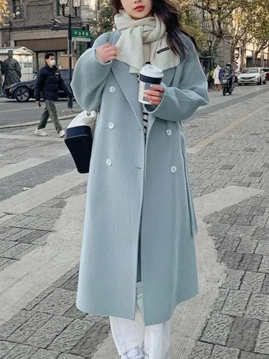 Korean Fashion Women Casual Loose Woolen Coat Elegant and Chic Solid Outerwear Long Overcoat with Belted Female Warm Cloak